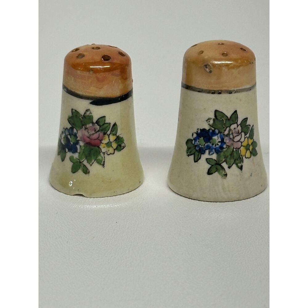Vintage Lusterware Salt & Pepper Shakers Peach / Blue Floral Lustre Ware Japan